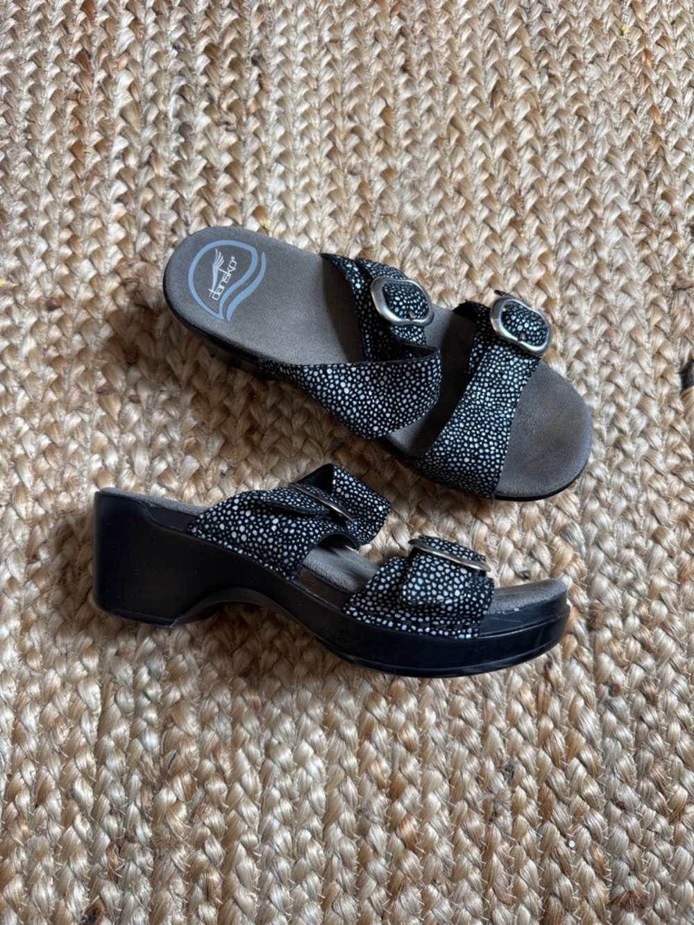 Dansko 35 Black Sophie Speckle Metallic Clog Double Strap Sandals